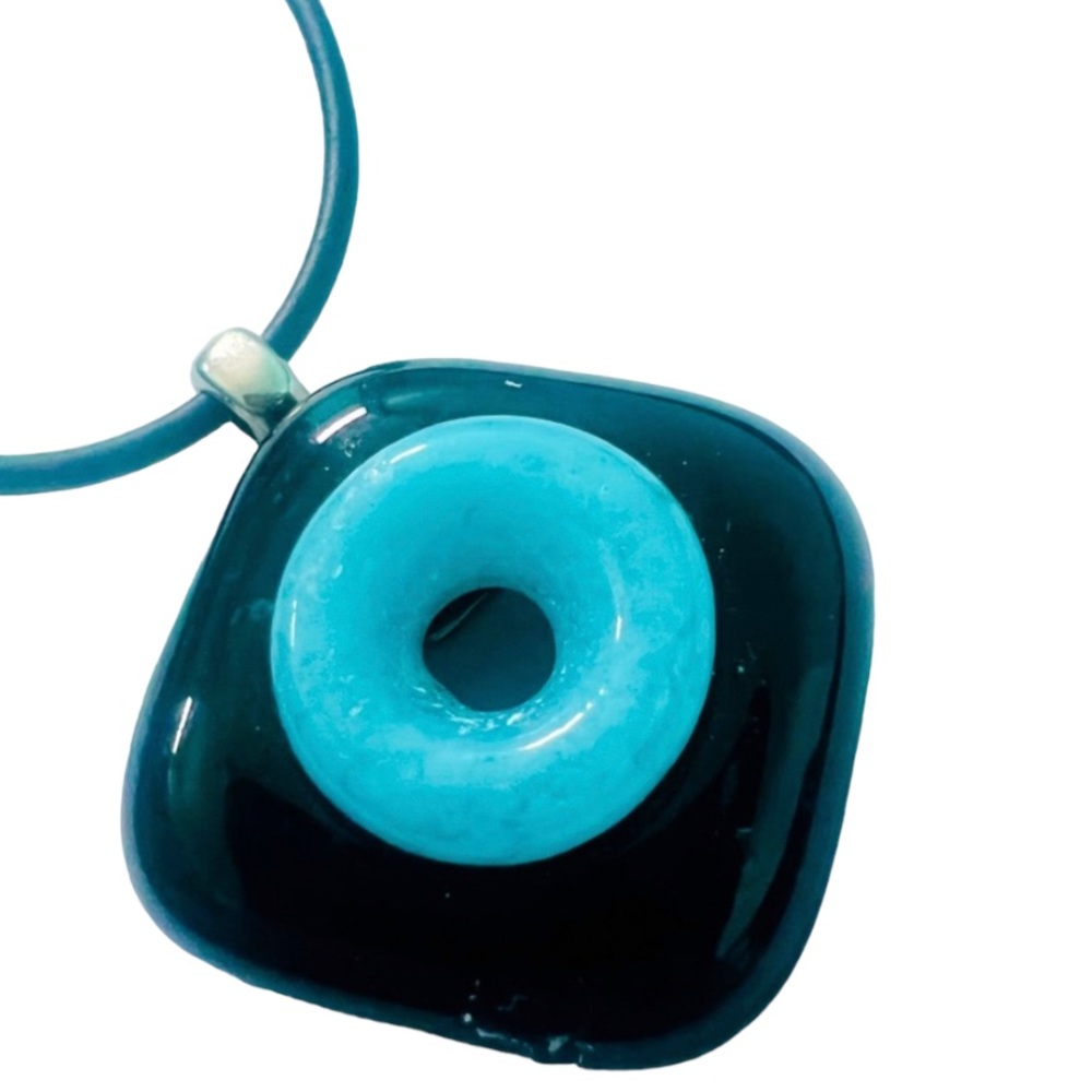 Circle in Square Pendant Turquoise Blue and Black Art Glass
